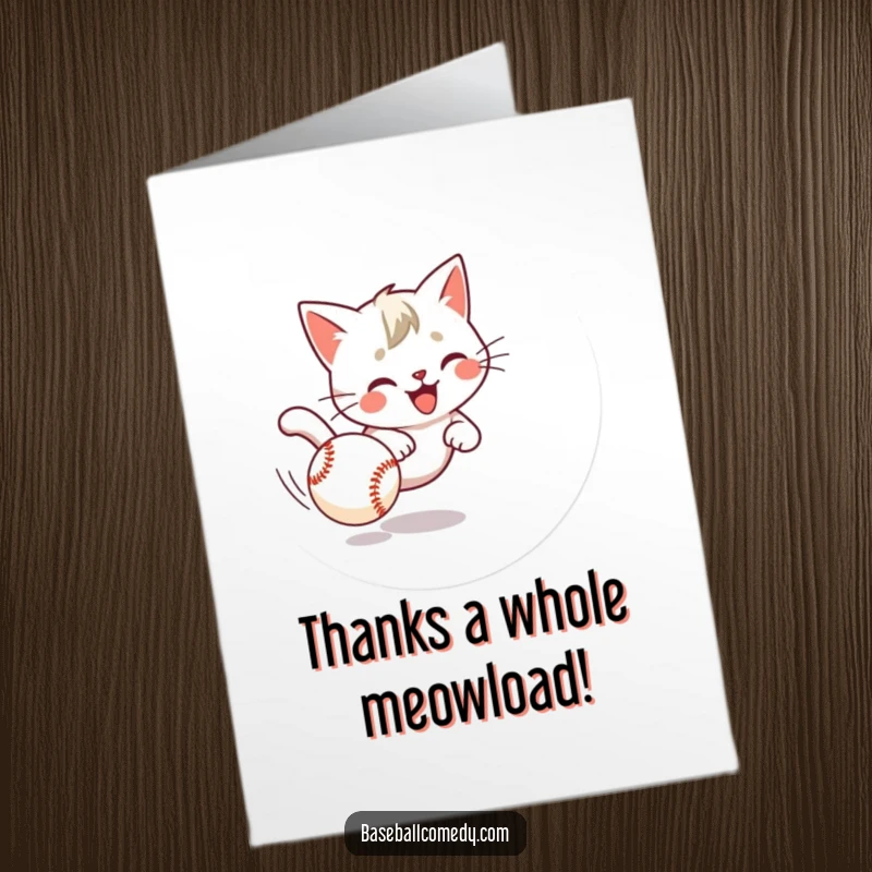 Funny Free Printable Thank You Card: A playful cat with eyes locked on a rolling baseball, saying thanks with a smirk.