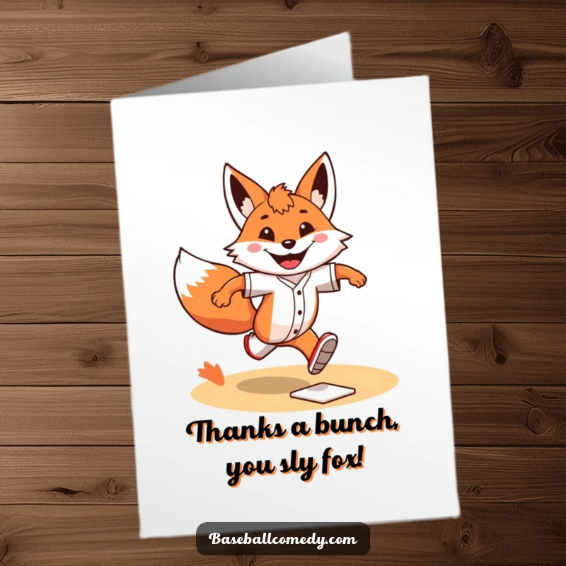 Funny Free Printable Thank You Card: Grinning fox sprinting around bases, conveying thanks with energetic humor.