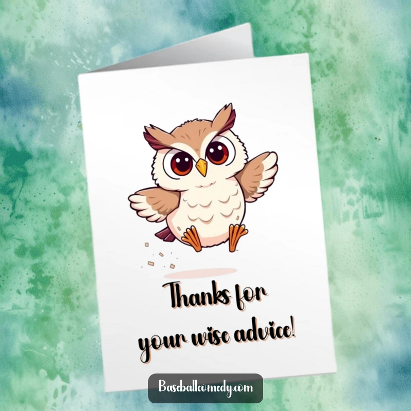 Funny Free Printable Owl Thank You Card: Smiling owl running bases fast, expressing thanks quickly.