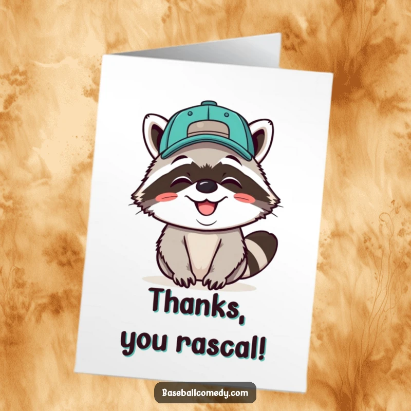 Funny Free Printable Giggling Raccoon Baseball Cap Backwards Thank You Card, grinning cheekily, a fun DIY gift.