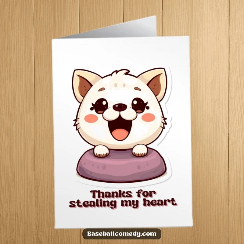 Funny Free Printable Thank You Card: A cute cartoon animal comically steals a base, eyes wide with thankful delight.