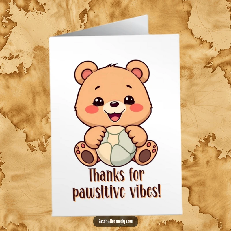 Funny Free Printable Thank You Card: Adorable bear with wide paws, ready to catch a flying thank you note.