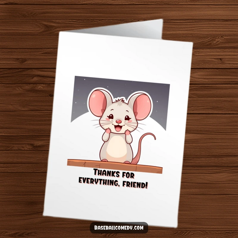 Funny Free Printable Thank You Card: A curious mouse cheers from the dugout, a sweet and funny thank you.