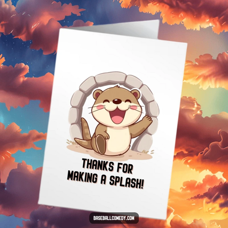 Funny Free Printable Thank You Card: A smiling otter sliding on its belly, conveying thanks with a joyful expression.