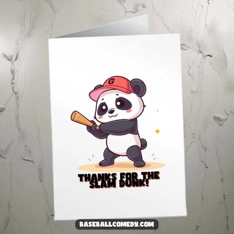 Funny Free Printable Thank You Card: A panda swinging a baseball bat and celebrating a grand slam hit.