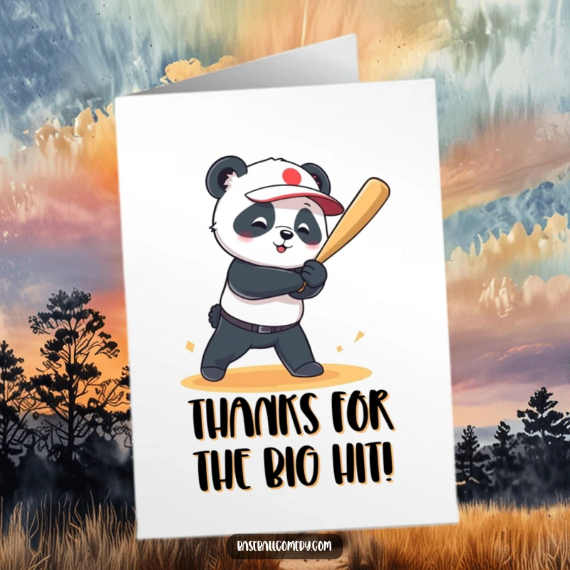 Funny Free Printable Thank You Card: A cheerful panda swinging a bat, sending a ball flying for a grand slam thank you.