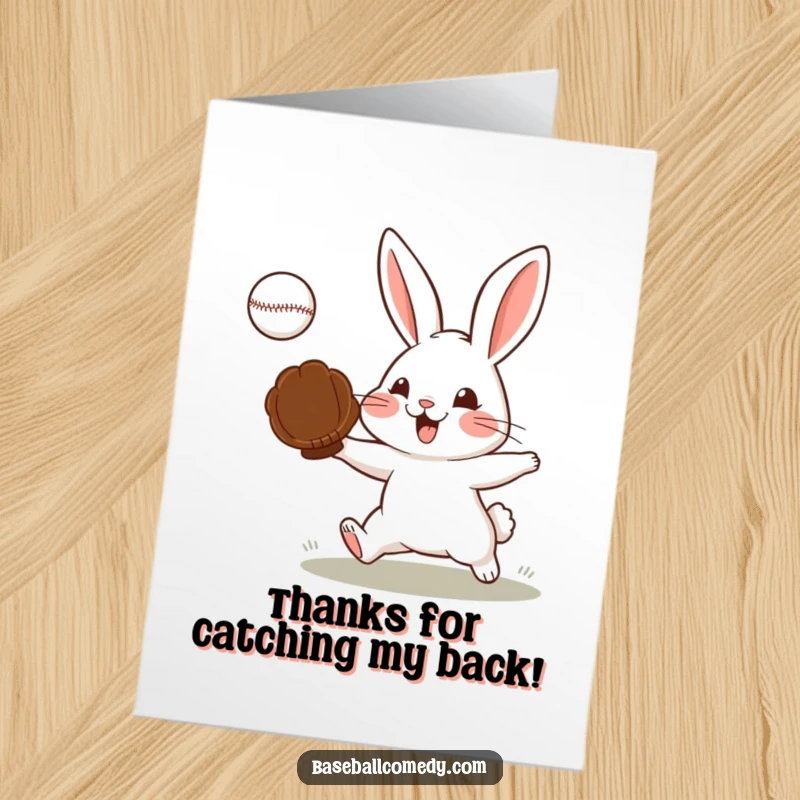 Funny Free Printable Thank You Card: A determined rabbit in a baseball glove catches a ball with a focused expression.