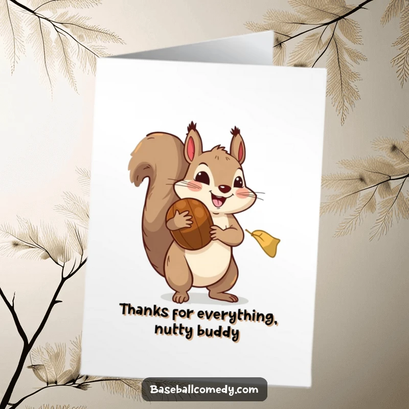 Funny free printable thank you card: A happy squirrel wearing an oversized baseball mitt, catching a giant acorn with joy.
