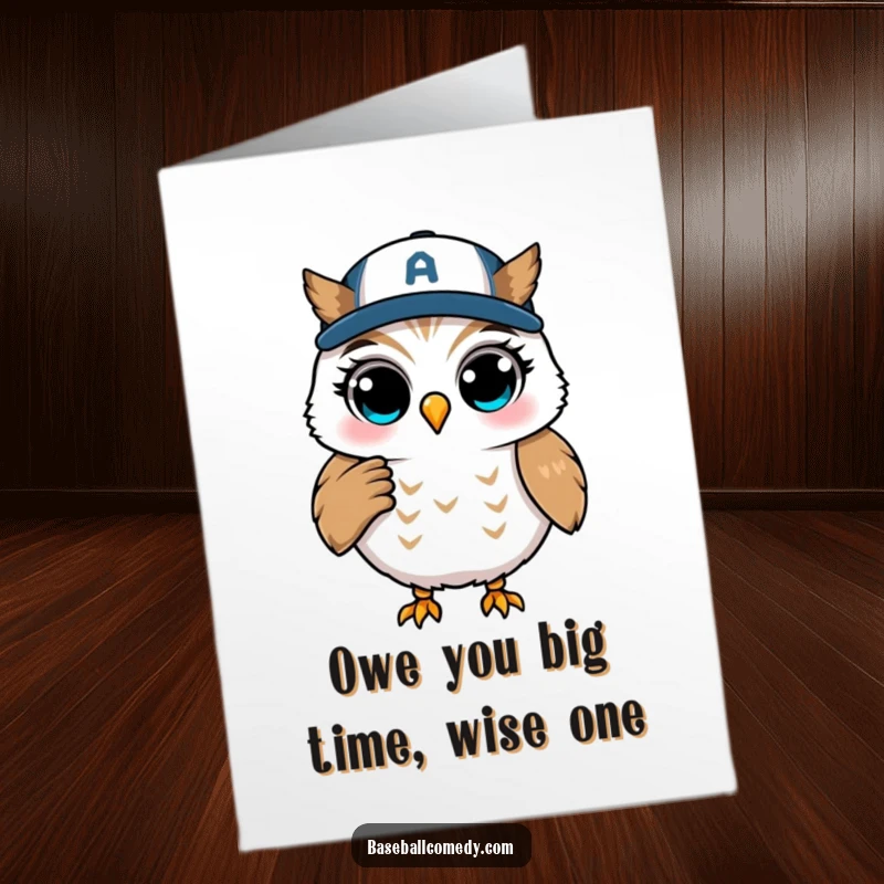 Funny Free Printable Thank You Card: A winking owl coaches from first base, a humorous way to express thanks.