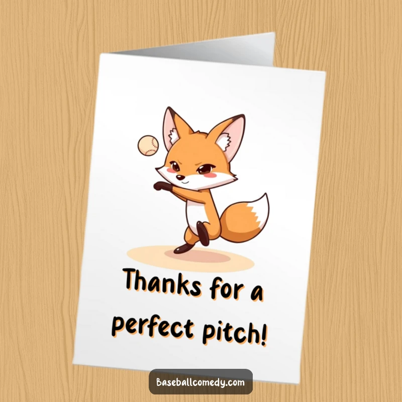 Funny Free Printable Thank You Card: A determined fox in the motion of pitching a baseball flawlessly.