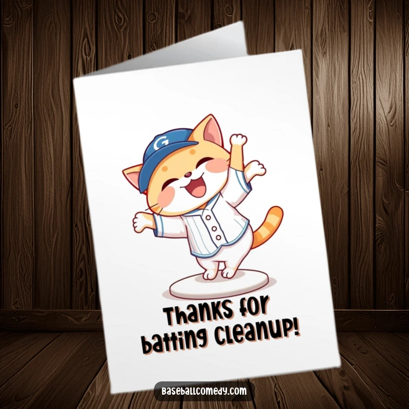 Amusing Free Printable cat in a baseball uniform performing a cartwheel, a funny thank you.
