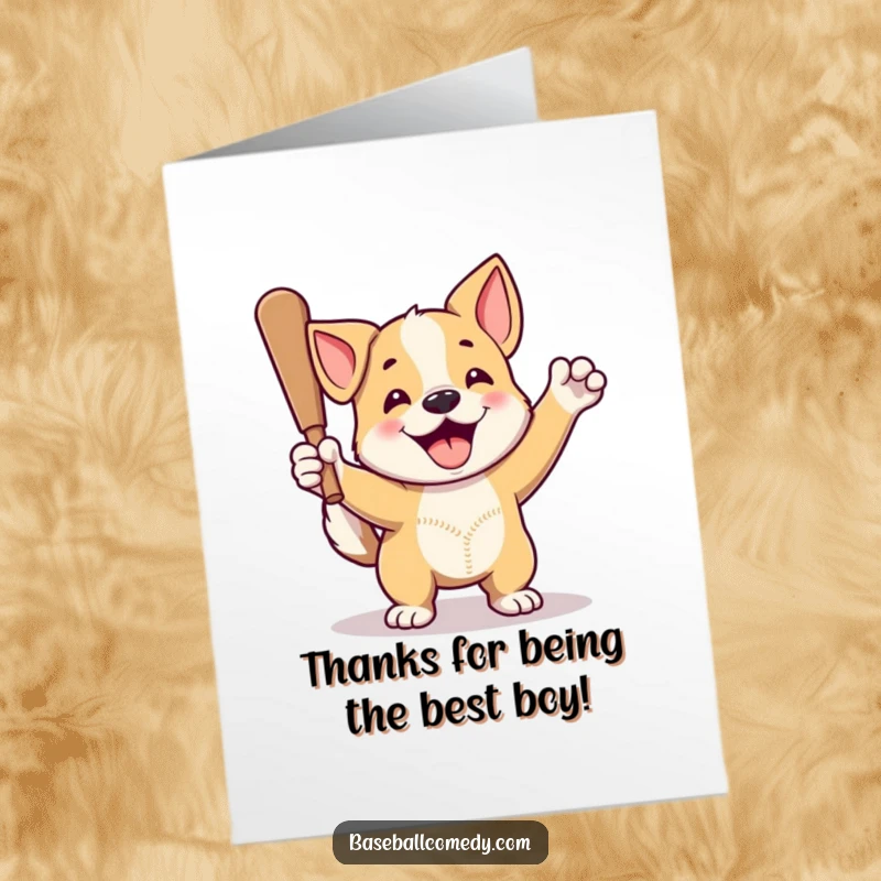Funny Free Printable Dog Thank You Card: Proud dog celebrating a home run, expressing heartfelt thanks.