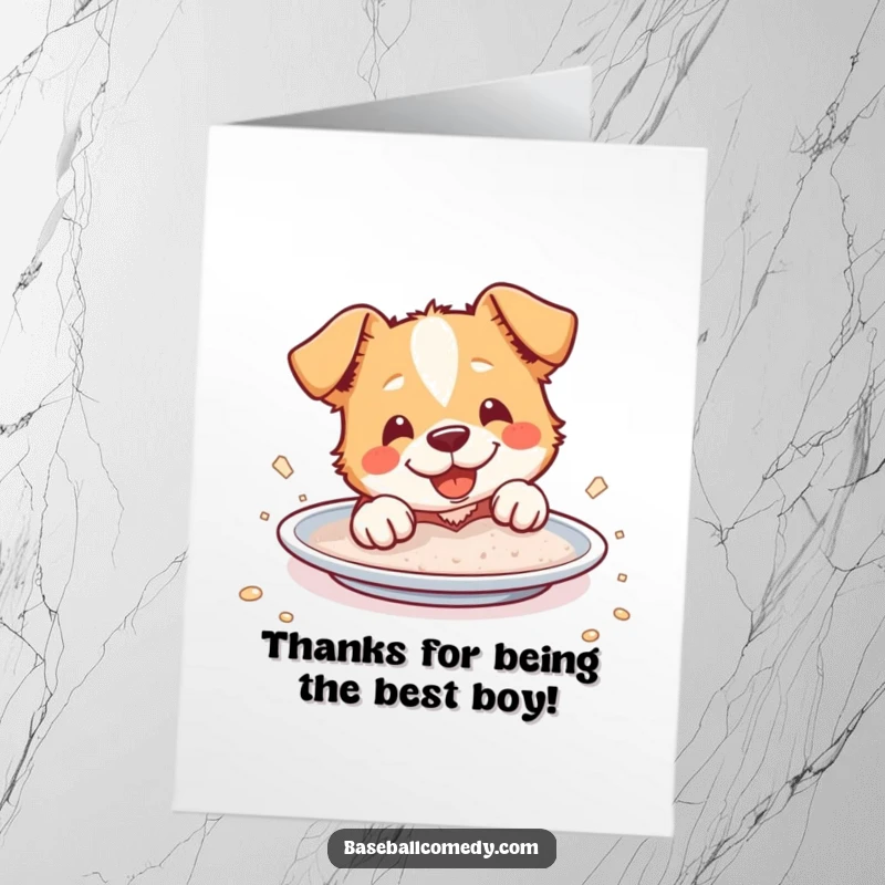 Funny Free Printable Thank You Card: Cheerful dog covered in dust, sliding into home plate, conveying thanks humorously.