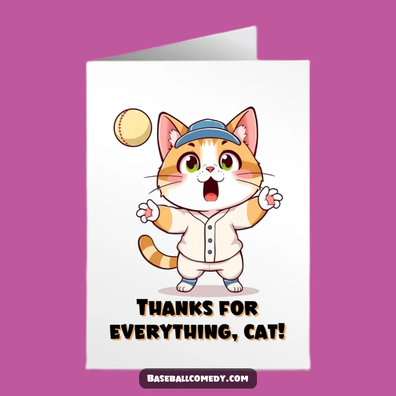 Free Printable Thank You Card: Astonished Cat Catcher, Cute Baseball Humor Gift