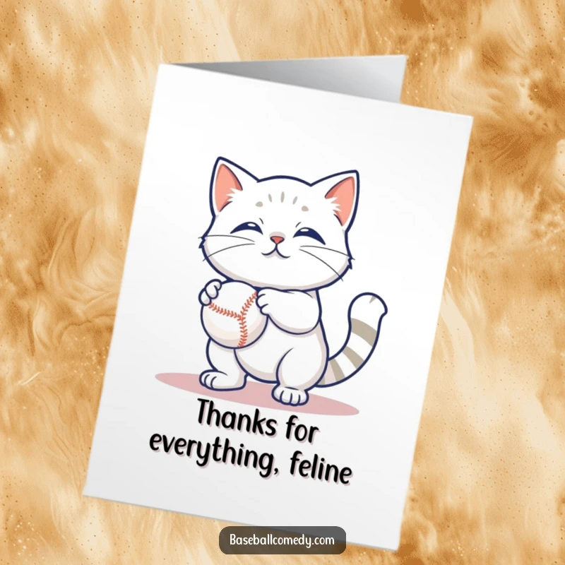 Funny Free Printable Thank You Card: Content cat batting at a baseball, a charming and funny way to thank you, DOWNLOADABLE.