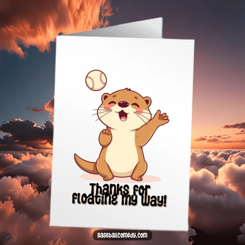Funny Free Printable Thank You Card: A playful otter juggles baseballs, sending a thank you with amazing dexterity.