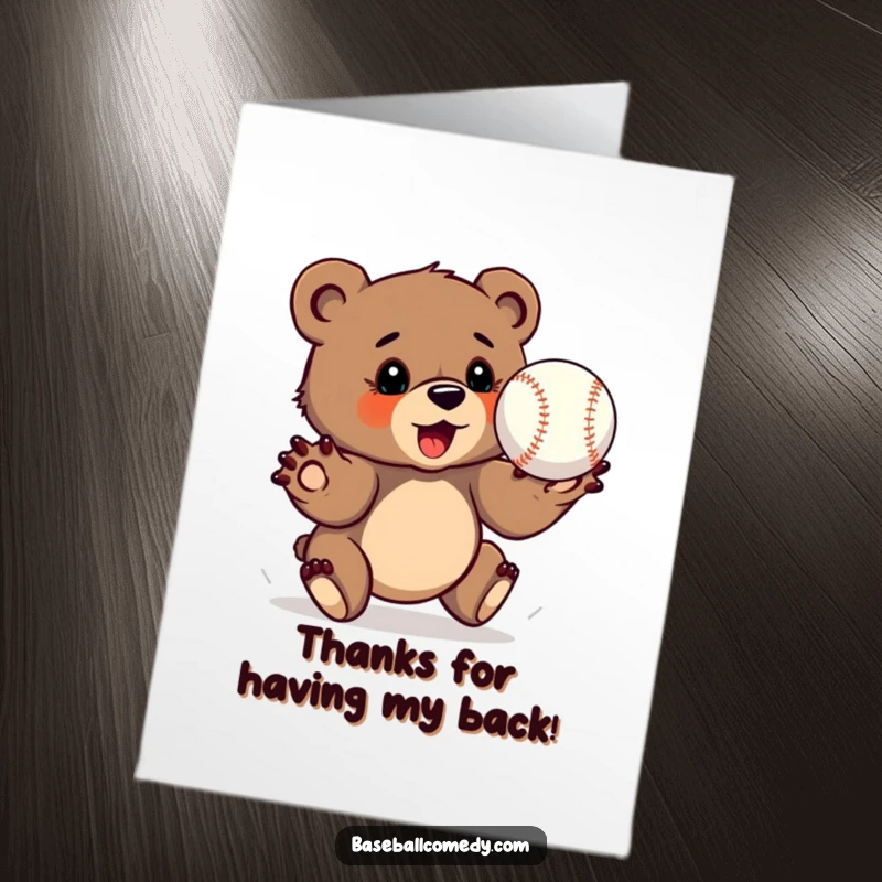 Funny Free Printable Thank You Card: A cute bear cub with paws outstretched, catching a baseball, conveying thanks.