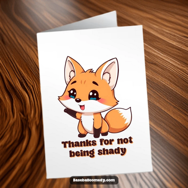 Funny Free Printable Thank You Card: Silly fox comically striking out, a humorous and unique way to express thanks, DOWNLOADABLE.