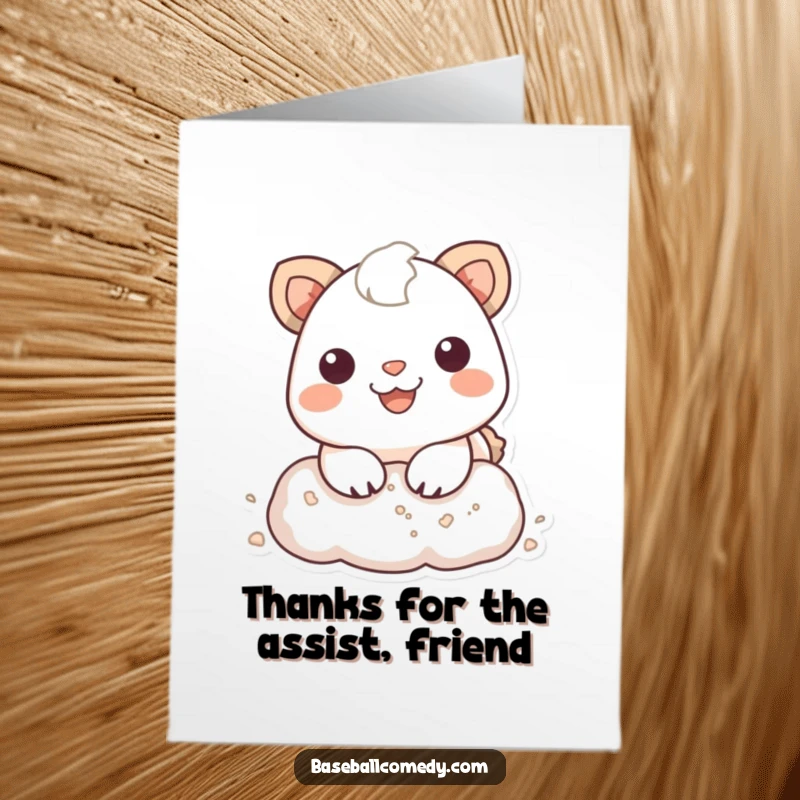 Funny Free Printable Thank You Card: Smiling animal sliding into a base, a dusty puff symbolizing a heartfelt thank you.