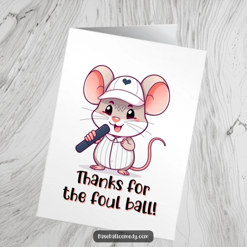 Funny Free Printable Thank You Card: A mouse in an umpire cap making a 'safe' call, signaling thanks with a smile.