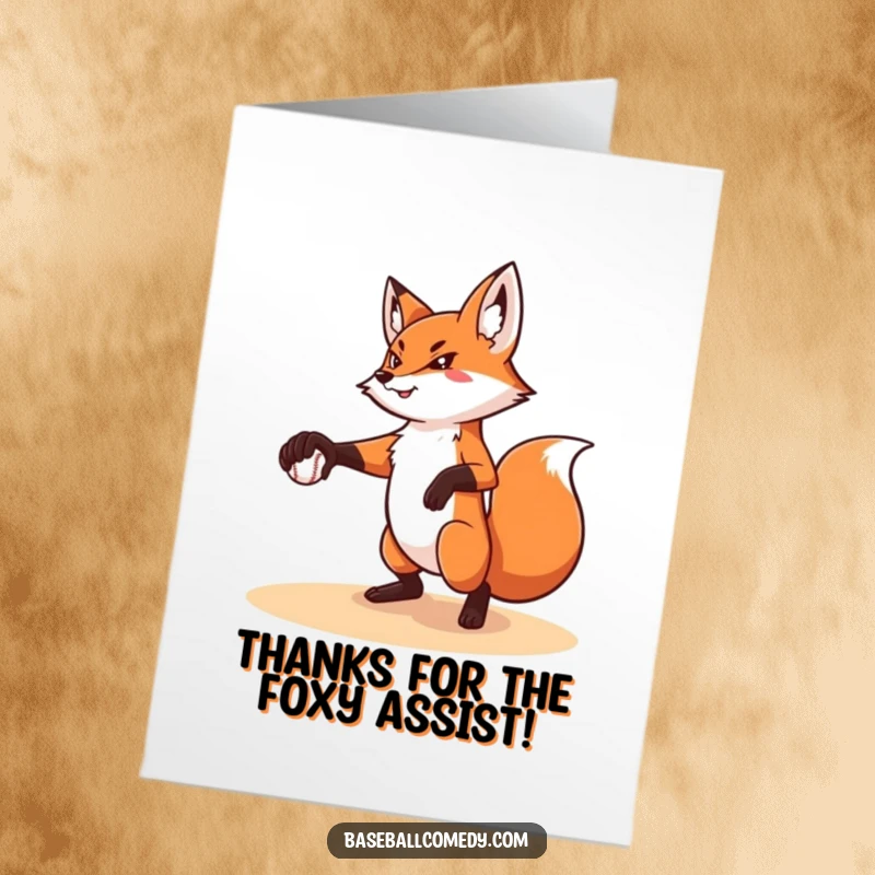 Funny Free Printable Thank You Card: A sharp-eyed fox in mid-pitch, sending a baseball labeled 'Thanks' your way.