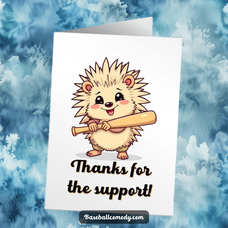 Funny Free Printable Cheerful Porcupine Holding Baseball Bat Thank You Card, ready to express thanks, a fun DIY gift.