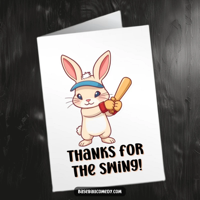 Funny Free Printable Thank You Card: Rabbit in batting gloves, intense focus, ready to swing, expressive baseball theme.