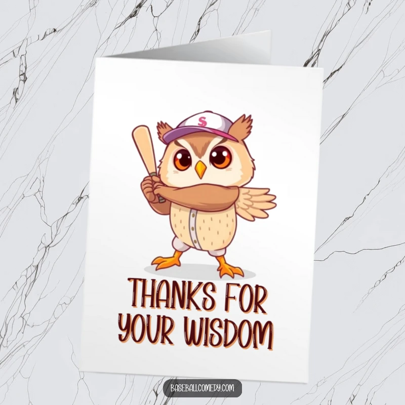 Funny free printable thank you card: A cute owl adopts a majestic, heroic baseball player stance. Hoot-tastic thanks!