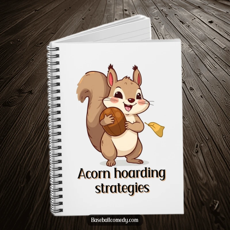 Funny notebook: A joyful squirrel in a baseball mitt is ready to catch a giant acorn, a delightful companion for notes.