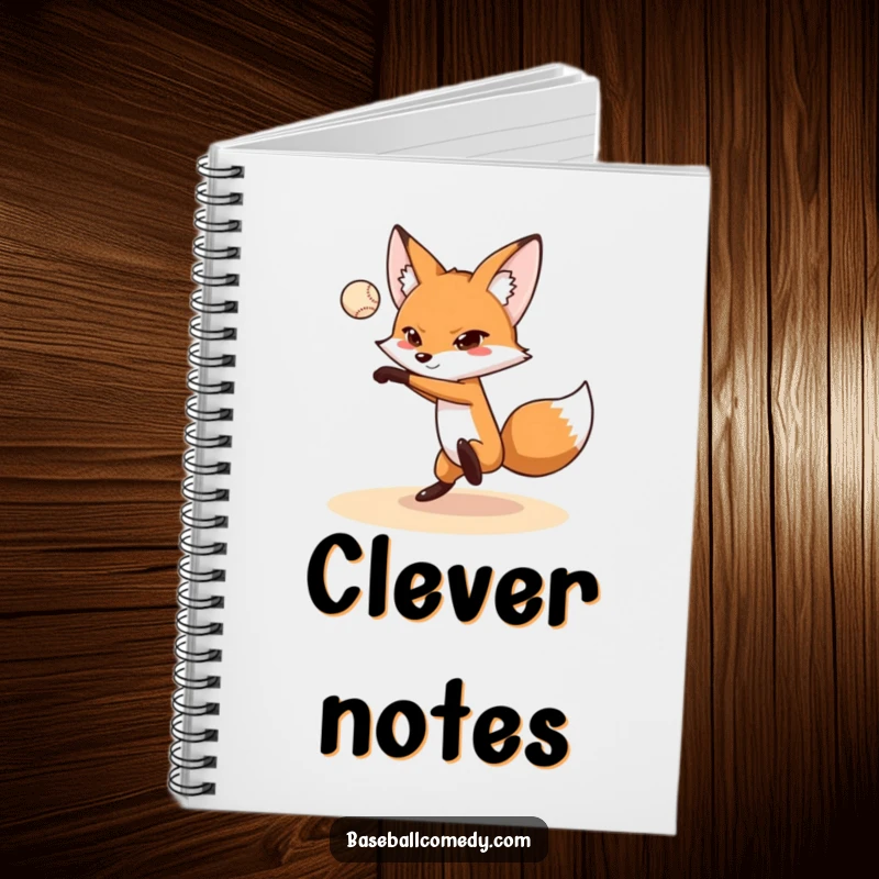 Funny fox notebook depicting a fox pitching a baseball, perfect for journaling with humorous and precise sports flair.