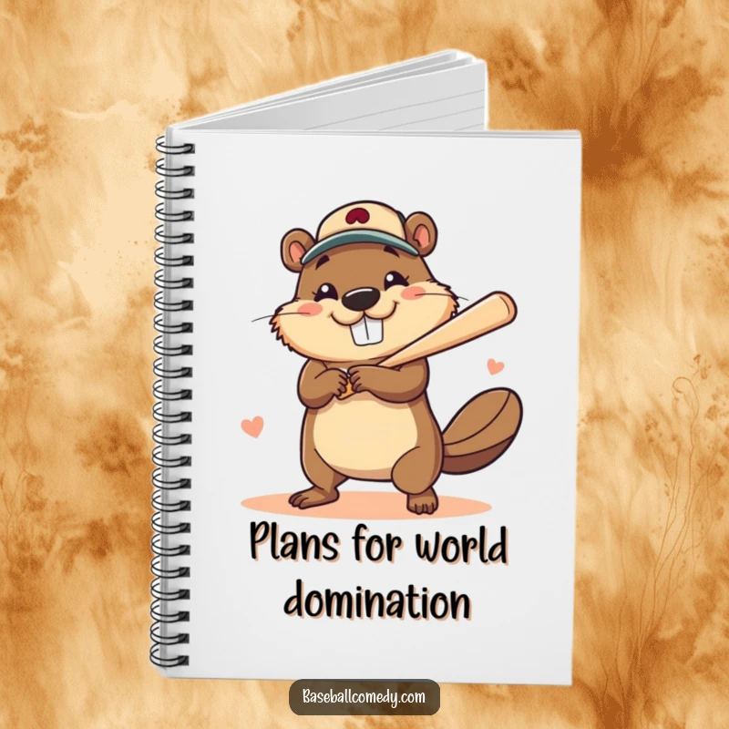 Funny notebook cover with a brave, smiling beaver hitting a baseball home run, ideal for jotting down winning ideas.