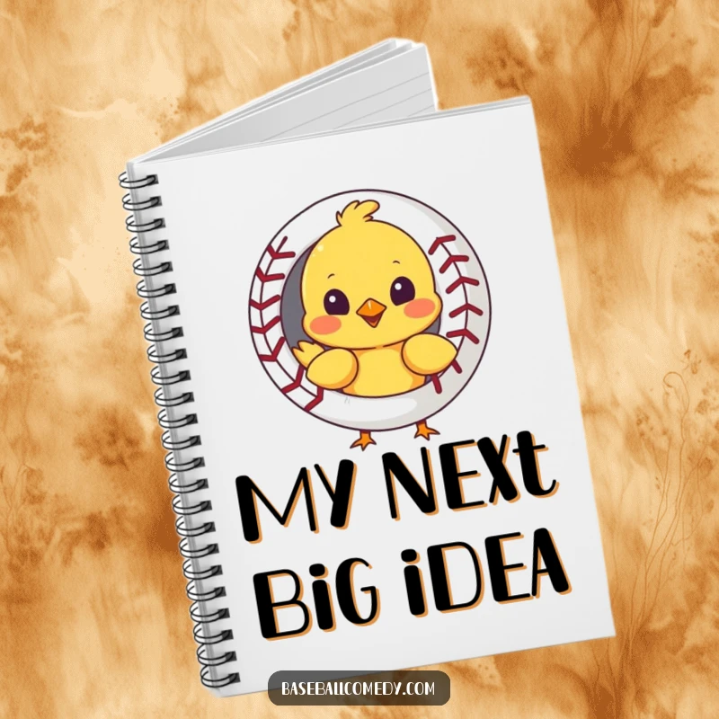 Funny notebook featuring a curious chick peeking out from behind a baseball, ideal for writing or sketching.