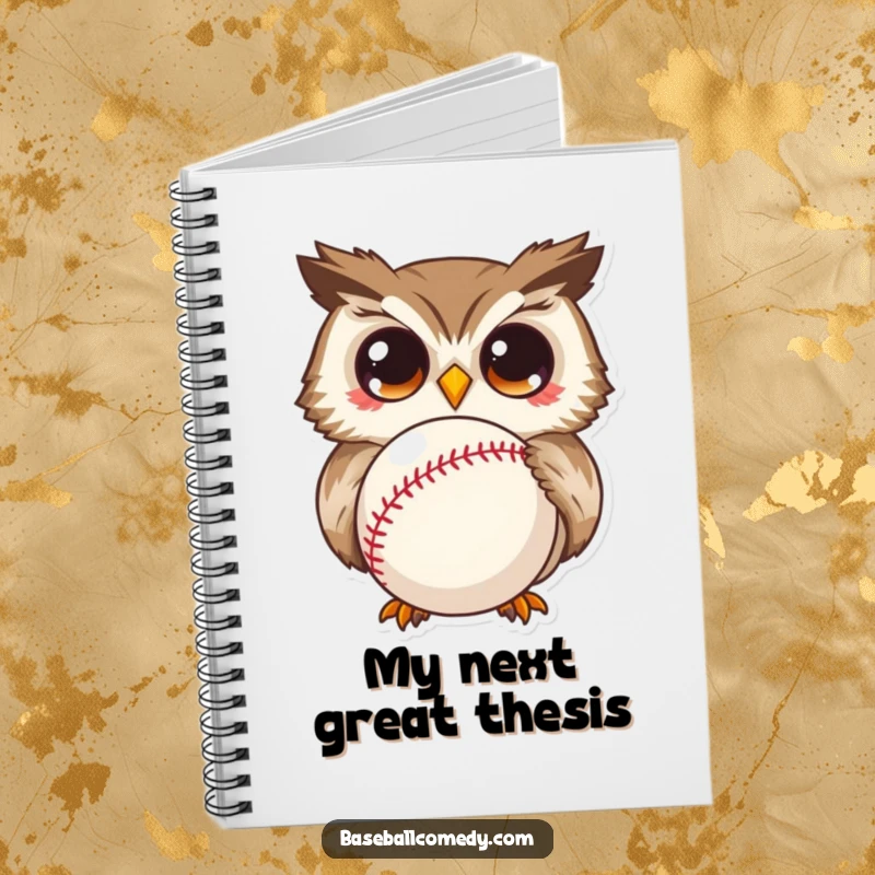 Funny notebook cover featuring a wide-eyed, curious owl intently watching a baseball, perfect for humorous note-taking.