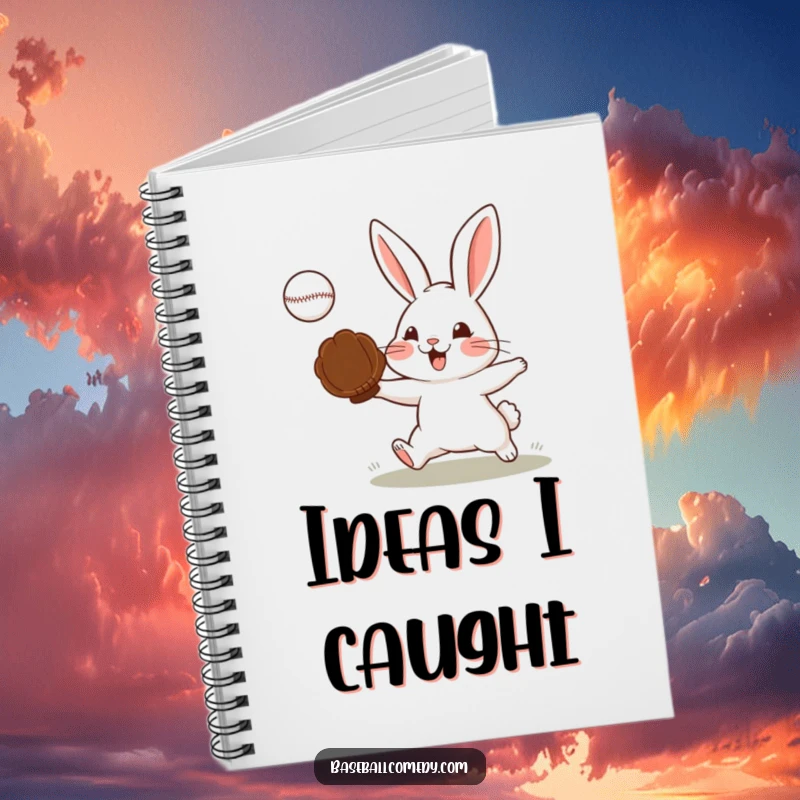 Funny notebook cover of a determined rabbit catching a baseball, perfect for planning and note-taking.