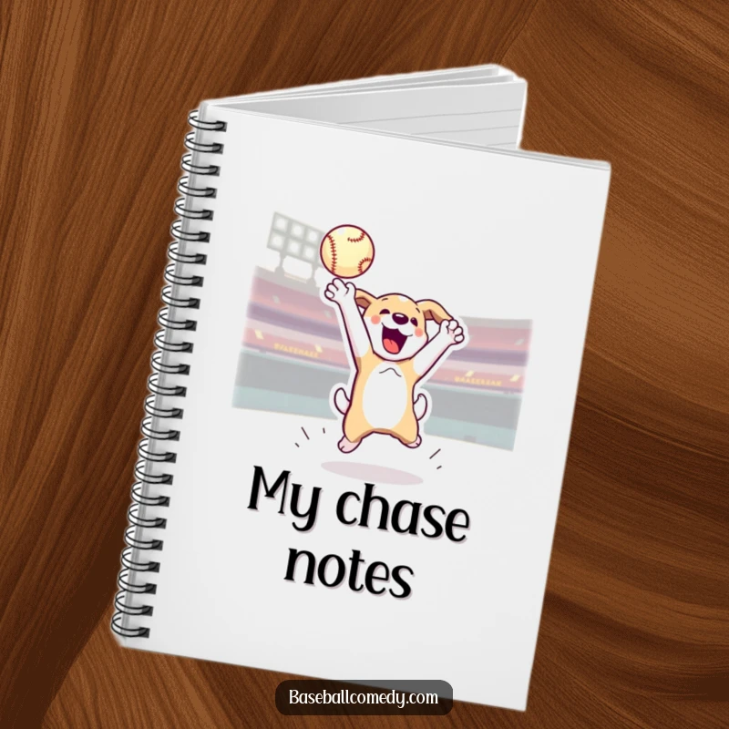 Funny notebook featuring an energetic dog jumping to catch a home run baseball, ideal for jotting down notes.