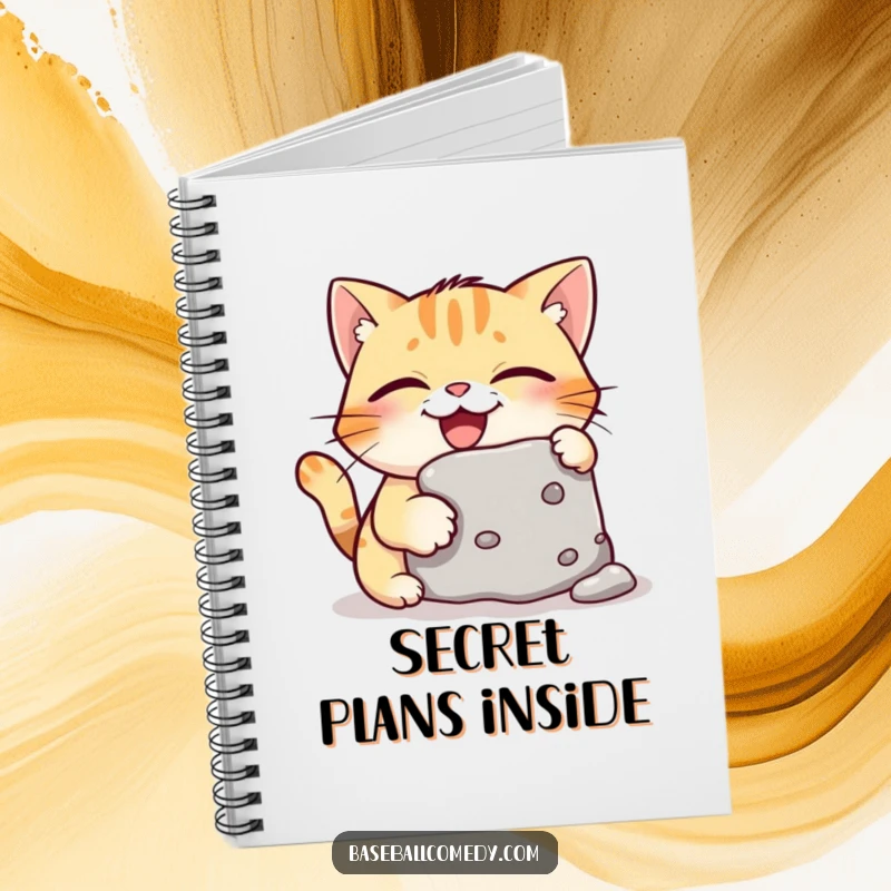 Funny notebook with a giggling cat caught in the act of stealing a baseball base, inspiring creativity and humor.