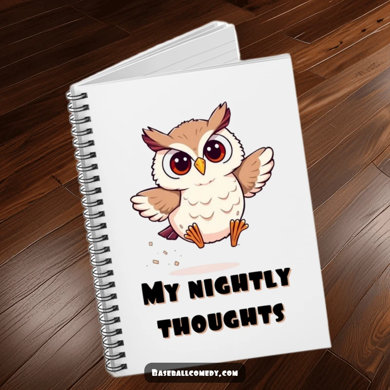 Funny owl notebook showing a smiling owl rounding the bases with surprising speed, great for baseball game notes or journaling.