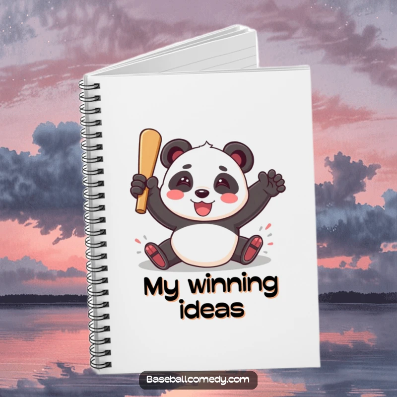 Funny notebook with a playful panda sliding into home plate with a triumphant smile, perfect for baseball notes.