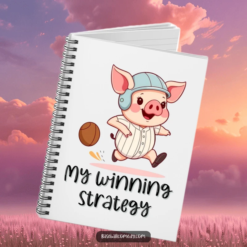 Funny pig wearing a helmet, comically running the bases with huge strides, perfect for writing in this humorous notebook.