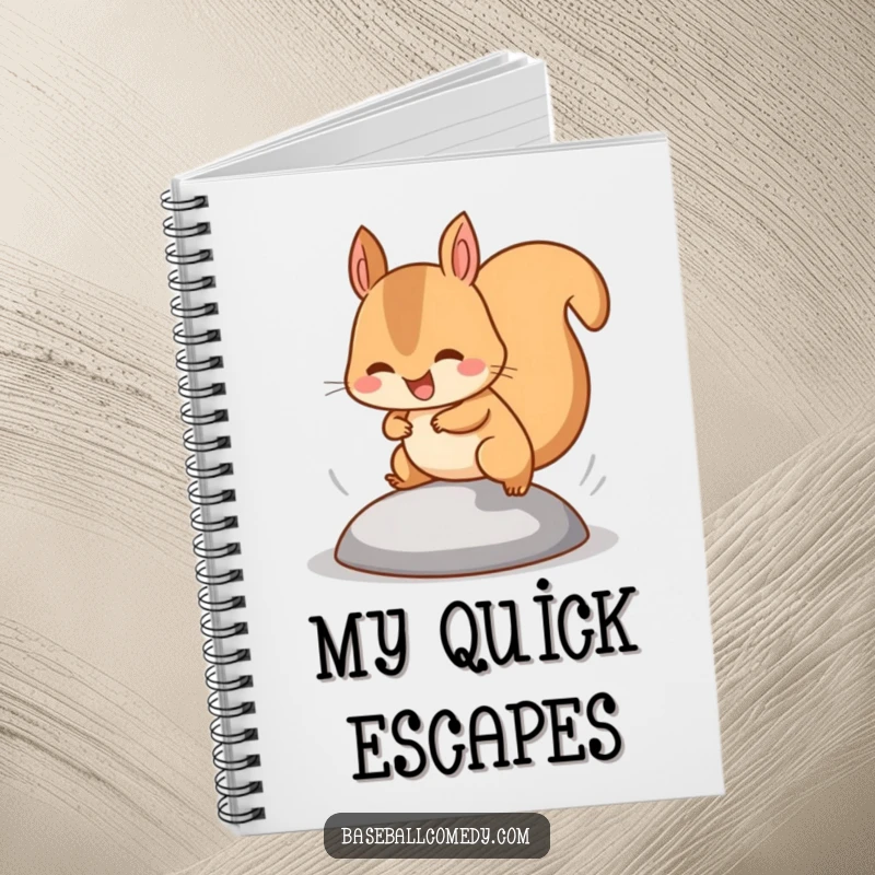 Funny squirrel notebook with a happy squirrel stealing a base, tiny legs pumping fast, for writing notes.