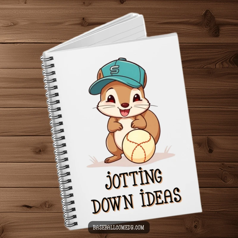 Funny squirrel baseball notebook, a squirrel in a cap excitedly fields a ground ball with its paws, perfect for jotting ideas.