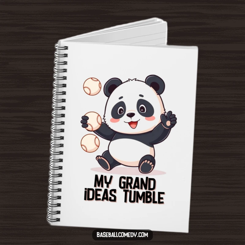 Funny panda struggling to juggle baseballs, ink splattered around, on a notebook cover, great for funny notes.