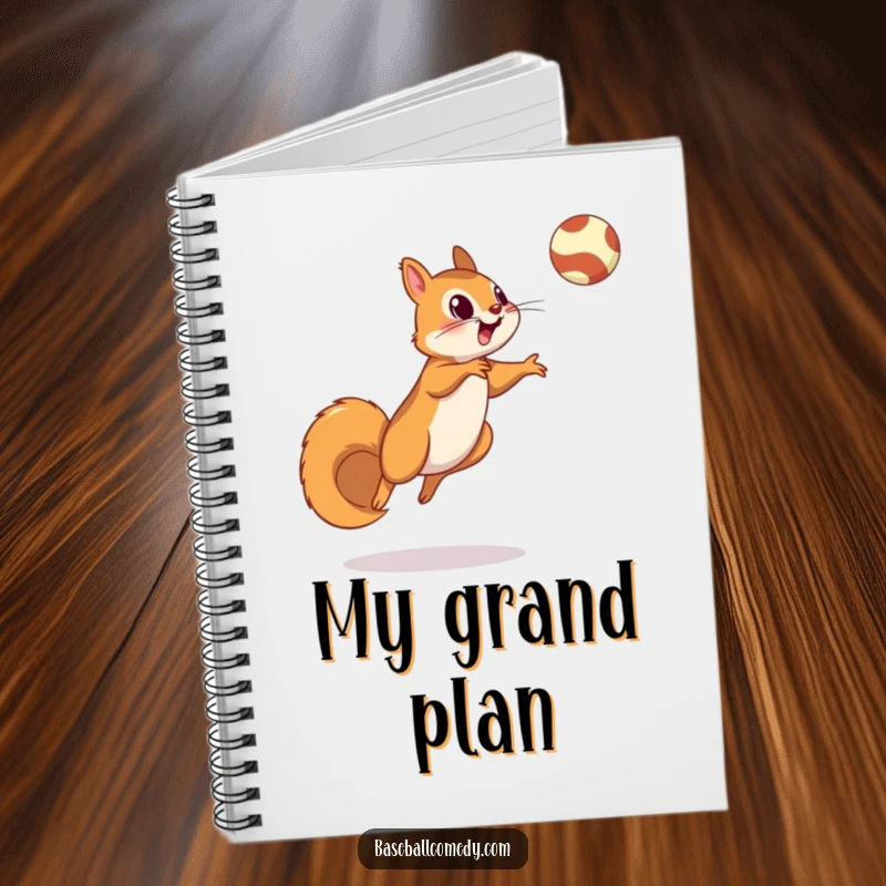 Funny squirrel notebook showing a squirrel leaping to catch a fly ball, great for baseball notes or creative writing.