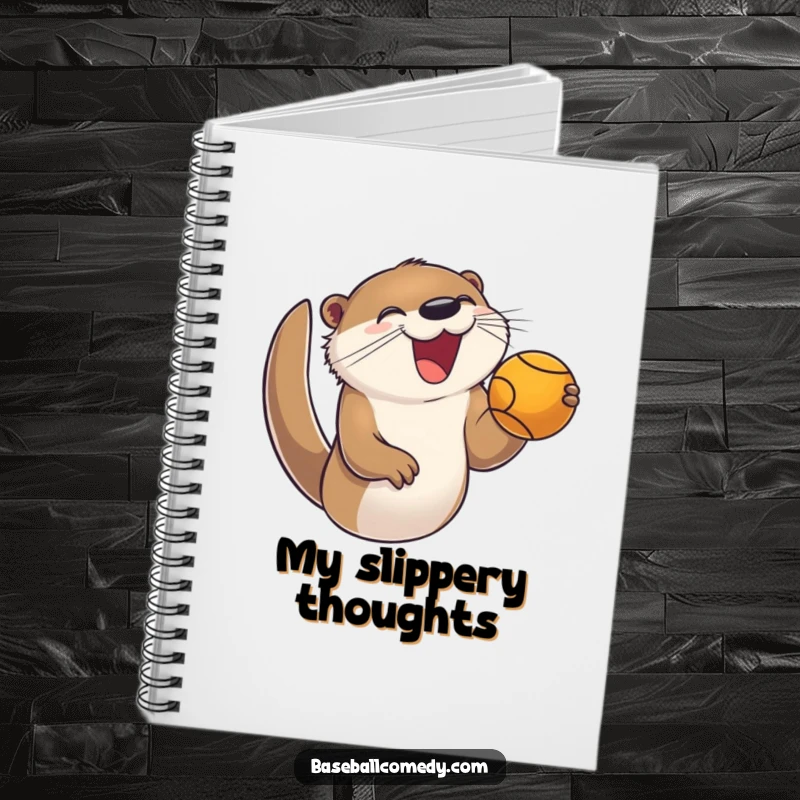 Funny notebook cover with a joyful otter enthusiastically catching a foul ball, ideal for humorous note-taking.