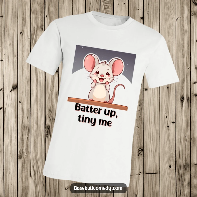 Funny t-shirt depicting a small, curious mouse enthusiastically cheering from a baseball dugout, showcasing comical team spirit.