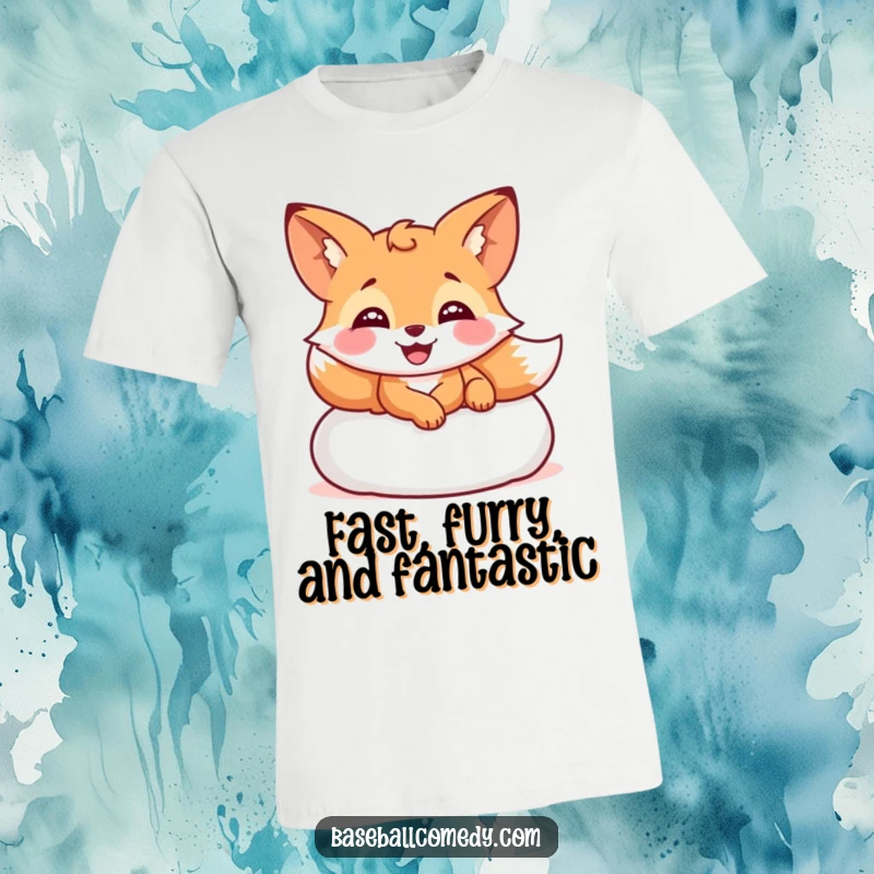 Funny T-shirt with a smiling, giggling fox sliding into a baseball base, celebrating sports and humor.