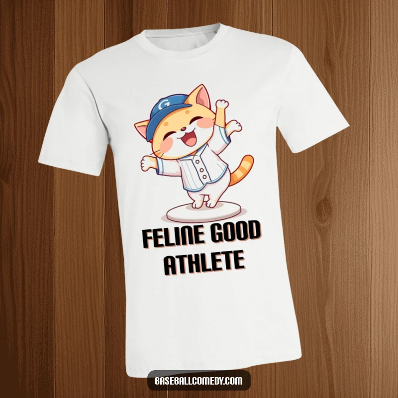 Funny cat in baseball attire doing a cartwheel mid-air, looking joyful, on a t-shirt, humorous feline fun.