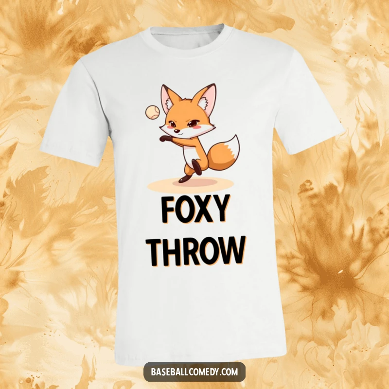 Funny fox t-shirt depicting a focused fox in the motion of pitching a baseball with perfect form, ideal for humor lovers.