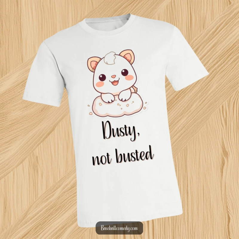 Funny T-Shirt: Smiling animal executing a baseball slide with a dramatic dusty puff, conveying excitement and athletic fun.