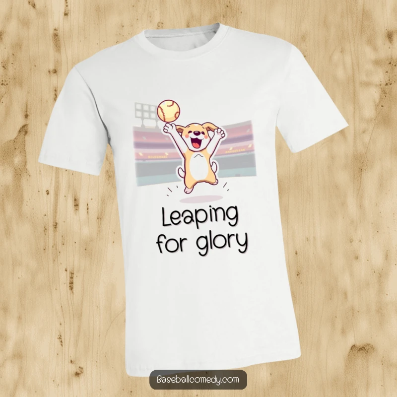 Funny t-shirt showcasing an excited dog jumping to catch a home run baseball, capturing a moment of athletic pursuit.
